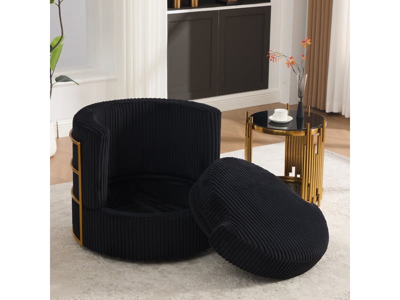 Fauteuil 1 place - 76 x 79 x 78 cm - fauteuil tournant 360° en cord, coffre de rangement et coussin inclus - noir - Conforama D