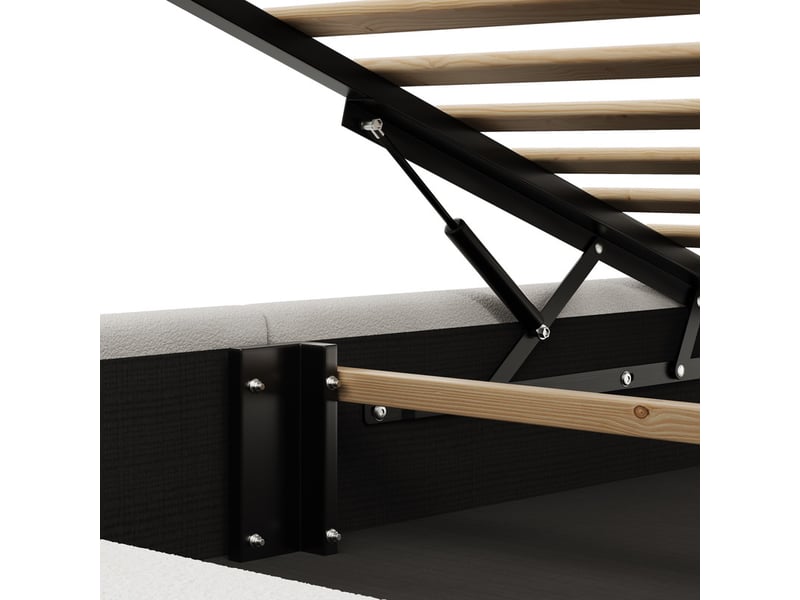  Lit double 180x200cm avec coffre de rangement hydraulique, blanc et tons bois naturel, tissu bouclette  - Conforama E