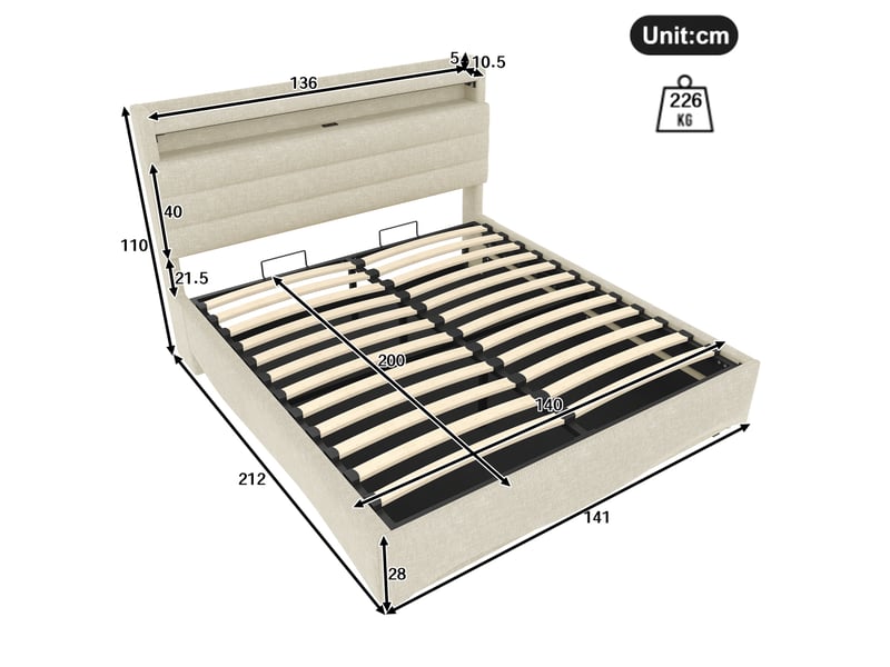  Lit capitonné, 140 x 200 cm, sans matelas, avec éclairage led, mécanisme hydraulique, ports usb et type-c, compartiment de rangement, étagères, revêtement en lin, beige  - Conforama C