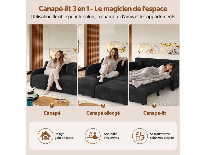  Canapé-lit 2 places convertible en chenille, 3-en-1 avec dossiers réglable et rangement latéral - noir - 166 x 84 x 90 cm  - Conforama D