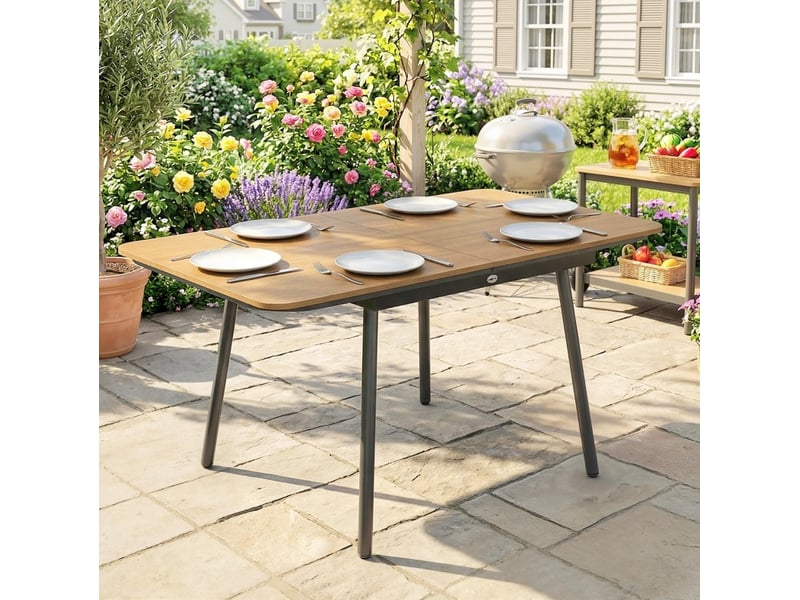  Table de jardin 140x80 cm teck, plateau wpc et structure métallique pour 6 personnes, pieds réglables  - Conforama B
