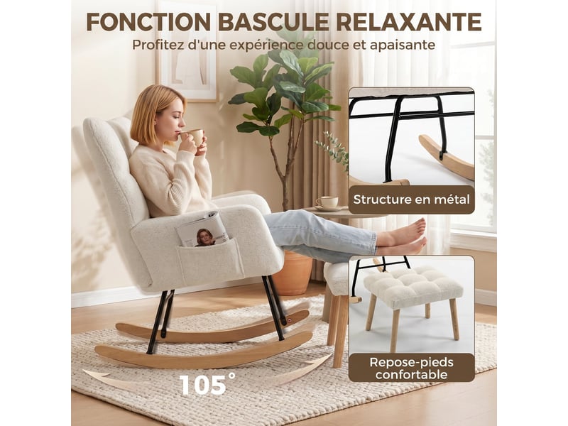  Fauteuil à bascule avec repose-pieds en tissu bouclé crème 97 x 72 x 100 cm  - Conforama D