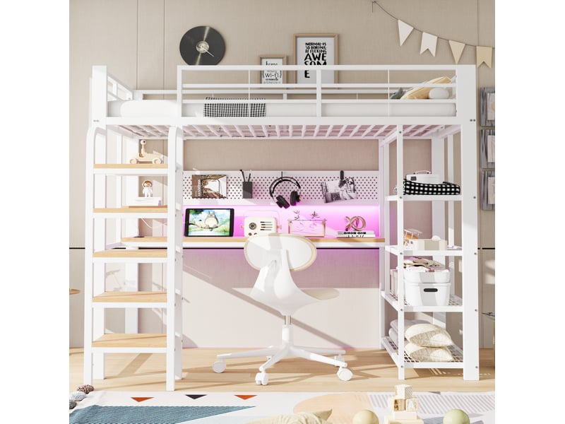 Lit mezzanine 90x200 cm avec bureau, led multicolores et prises intégrées, blanc  - Conforama D
