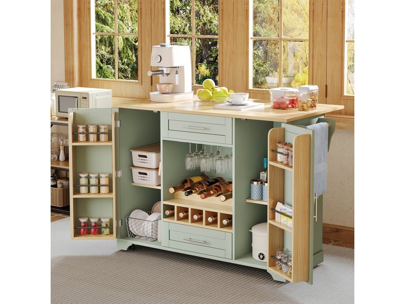  Îlot de cuisine sur roulettes avec plan de travail rabattable, rangement pour vin, porte-verres, porte-épices et porte-serviettes, vert antique  - Conforama E