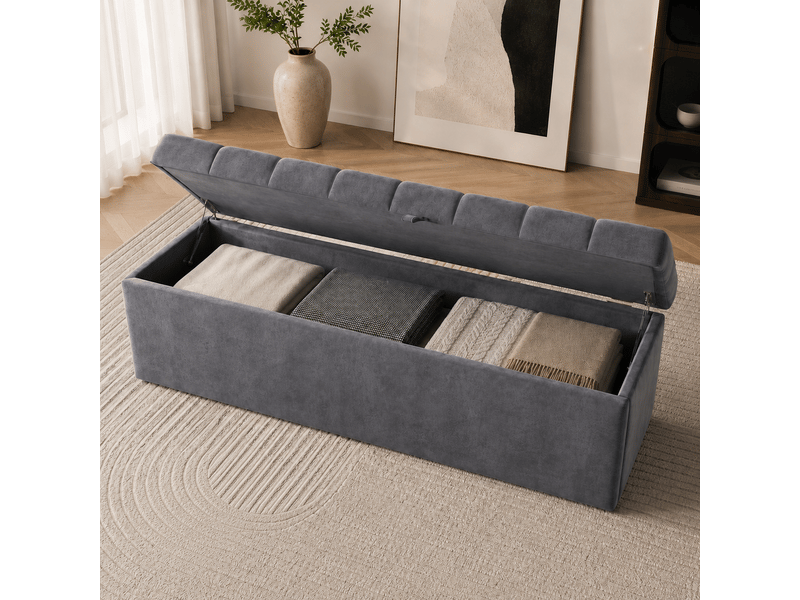  Banc de rangement velours gris, bout de lit gris avec coffre, banc capitonné 138 cm pour chambre et salon  - Conforama D