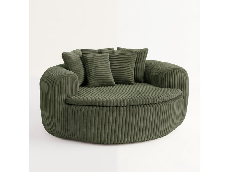 Fauteuil pouf 145 × 133 cm en velours côtelé vert, assise profonde, 5 coussins inclus, mousse et ressorts, base antidérapante  - Conforama A