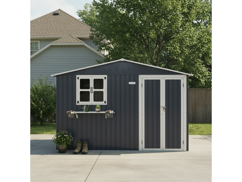  Abri de jardin métal 7m2 gris anthracite, cabanon acier galvanisé étanche avec fenêtres et portes verrouillables, 313x255cm  - Conforama W