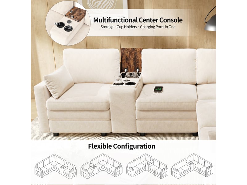  Canapé d'angle cloud 5 places 227x202x83 cm en chenille - console centrale usb-c porte-gobelets rangement intégré - beige BUYDEEMEUS - Conforama E