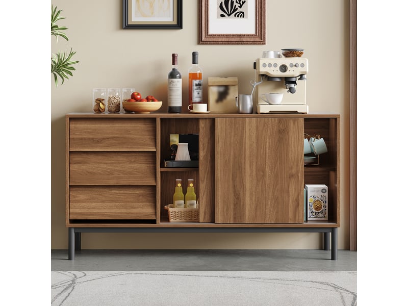  Buffet 150x40x80 cm avec 3 tiroirs et 2 portes coulissantes, meuble de cuisine avec plan de travail pour salon et salle à manger, en mdf, effet noyer Seren Glow - Conforama D