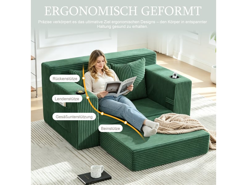  Fauteuil pouf avec poches latérales, coussins mobiles et accoudoirs, en velours côtelé vert émeraude, 151 × 133 × 64 cm  - Conforama E