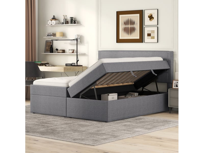  Lit coffre 2 places 140x200 cm avec rangement coloris gris  - Conforama E