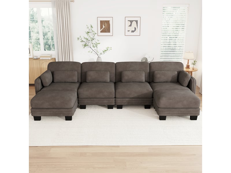  Canapé modulable en u - 4 places - 2 ottomans - assise profonde - tissu chenille - structure en bois massif - grand confort - brun CozyNest - Conforama B