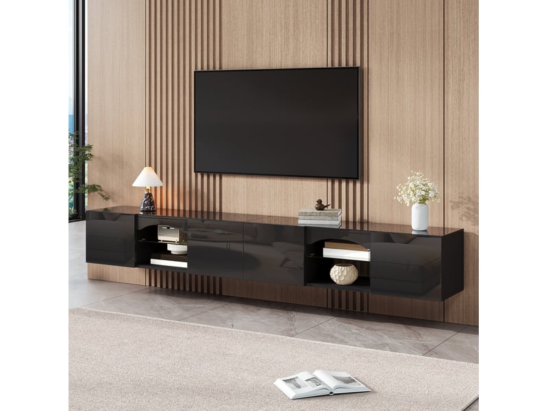  Meuble tv bas tcqpz 200 x 30 x 28 cm 4 portes led contrôlée par application noir  - Conforama E