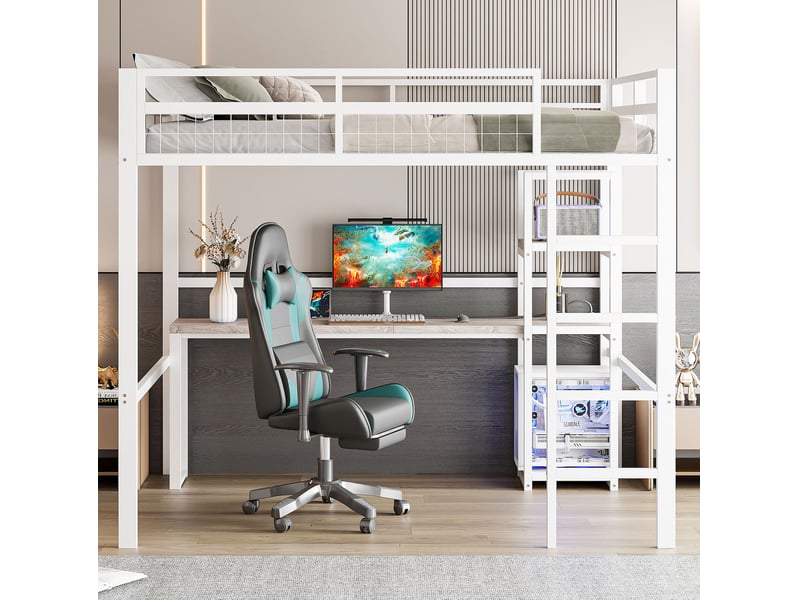  Lit mezzanine tcqpz 140 x 200 cm en métal blanc avec bureau prises usb et usb type-c étagères et échelle  - Conforama D
