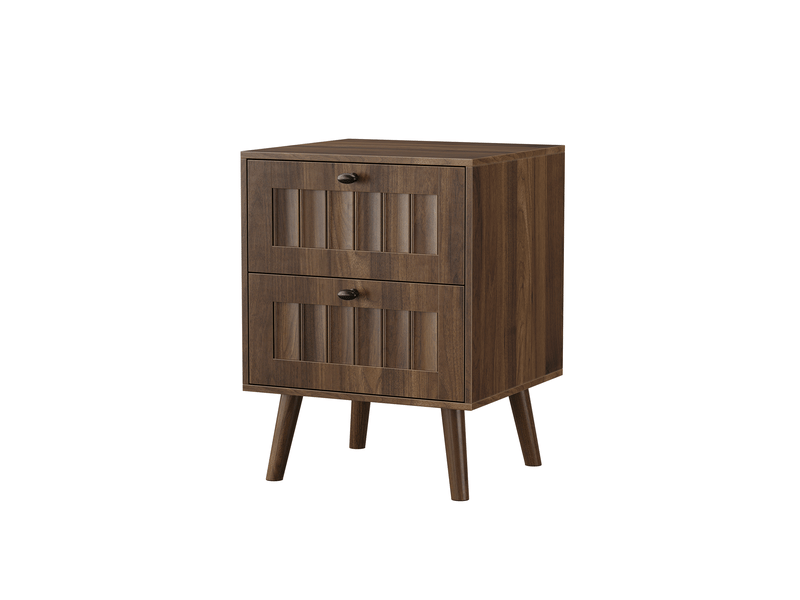  Table de chevet mid-century moderne, noyer, 2 tiroirs, pieds bois massif, 43,5 cm, rangement  - Conforama D