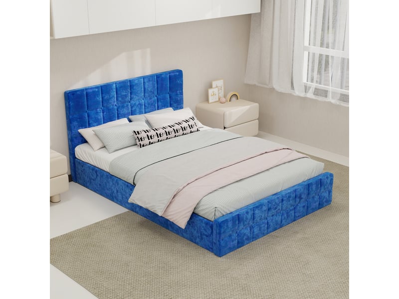  Lit avec rangement modenvie 140 x 200 cm en velours bleu marine avec tête de lit capitonnée  - Conforama D