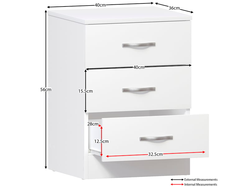  Table de chevet riano, commode de nuit, chambre, rangement, 56x40x36cm, 3 tiroirs, blanc 333450 - Conforama D
