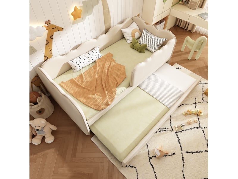  Lit enfant gigogne 90x190 cm forme de nuage unique et design en forme de l sommier lattes, lin beige, sans matelas  - Conforama R