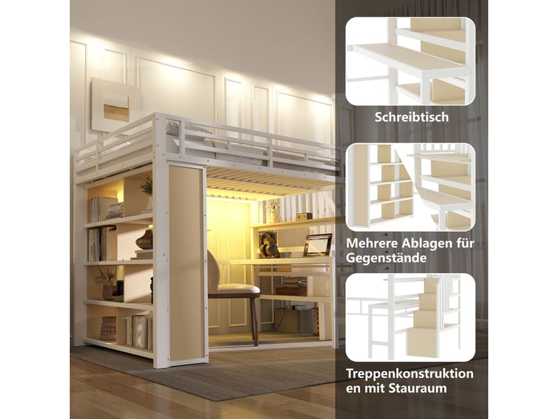  Lit mezzanine avec bureau 140x200 cm escalier de rangement led - lit mezzanine - métal blanc robuste multi-étagères gain de place  - Conforama E