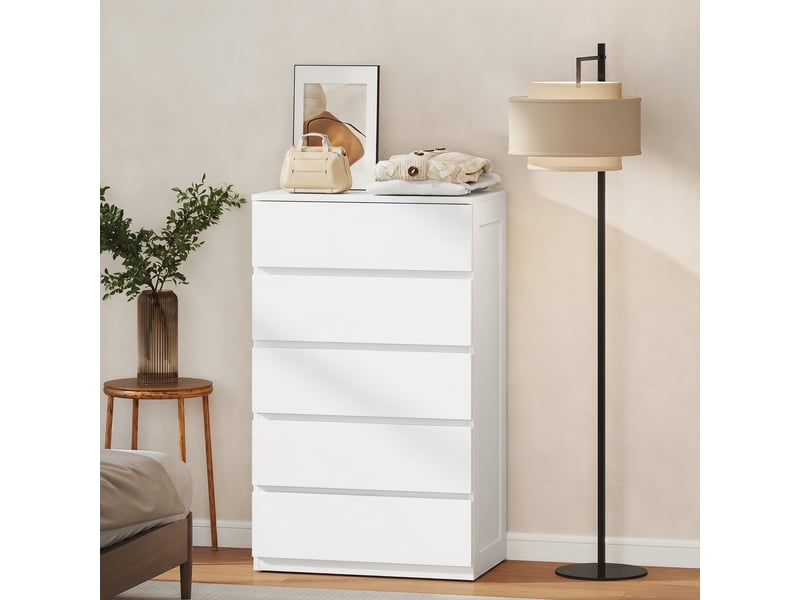  Commode en bois à 5 tiroirs avec poignées rainurées, 60 x 38 x 100 cm, blanche  - Conforama C