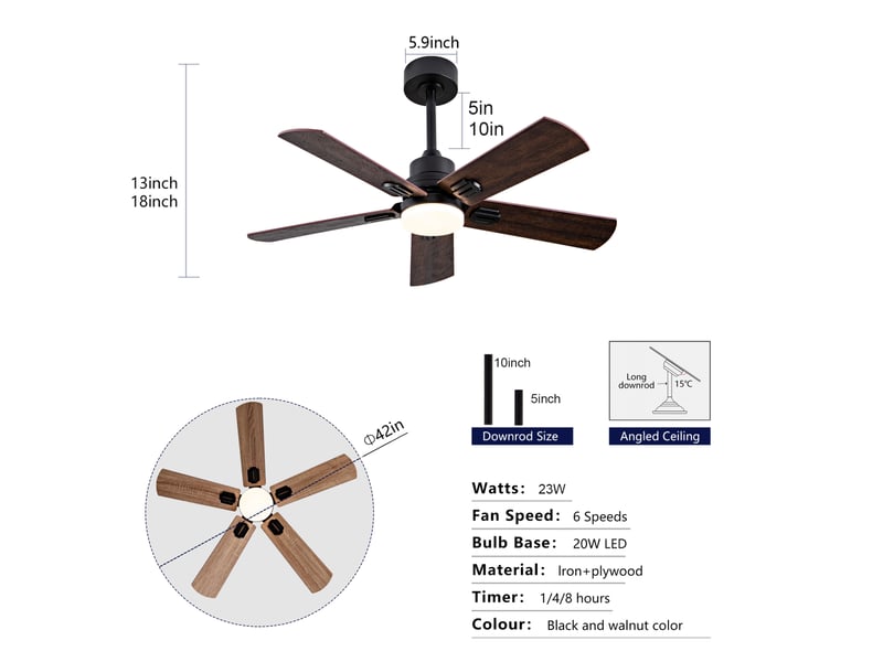  Ventilateur de plafond led 42 pouces – noir et noyer foncé – 5 pales réversibles, télécommande et minuterie  - Conforama C