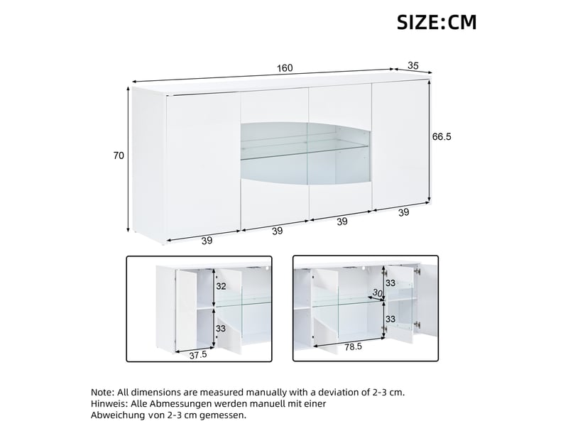  Buffet avec led rgb et 4 portes, buffet salon en mdf blanc brillant, 160x35x70 cm  - Conforama C