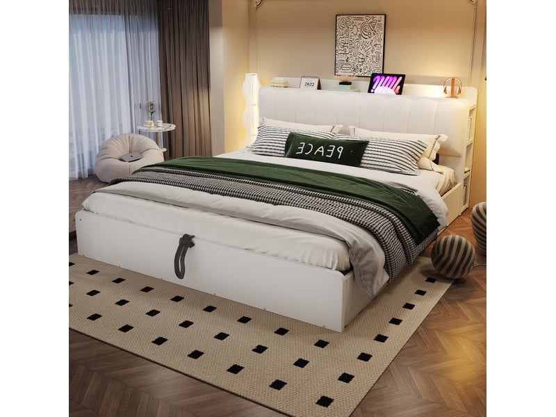 Lit coffre modenvie 180 x 200 cm avec rangement hydraulique tête de lit rembourrée usb étagère et niches de rangement bois mdf velours blanc - Conforama E