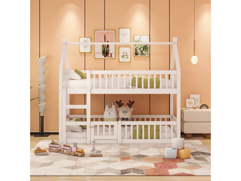 Lit superposé 90x200 cm pour enfant - avec escalier sécurisé et barrière, espace inférieur modulable, bois et mdf - blanc, sans matelas  - Conforama C