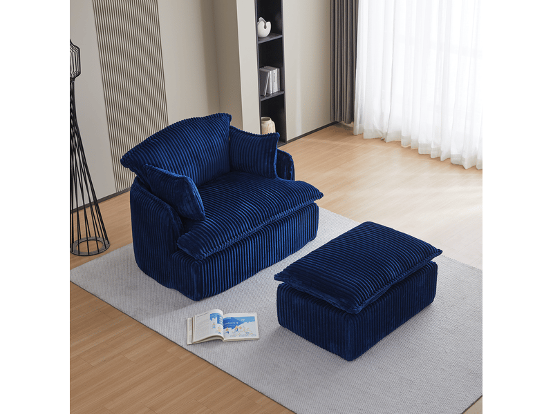  Fauteuil cloud bleu en velours côtelé avec pouf, mousse haute densité, idéal pour les petits espaces  - Conforama E