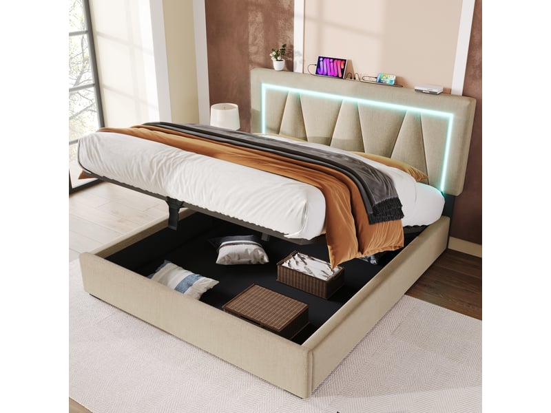  Lit rembourré double 140x200 cm en lin beige avec tête réglable, led, usb type-c, coffre et matelas inclus  - Conforama C