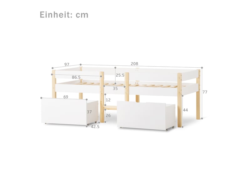  Lit enfant mi-hauteur 90x200 cm avec tiroir et protection anti-chute, bois de pin+mdf blanc &amp; chêne sans matelas  - Conforama C