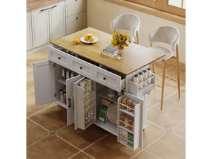 Îlot de cuisine rayofi 140x43(70)x90,5 cm, plan rabattable jusqu'à 70 cm, 4 portes, 3 tiroirs, étagères réglables, porte-serviettes double face, 5 roulettes verrouillables, mdf mélaminé, blanc et naturel.
