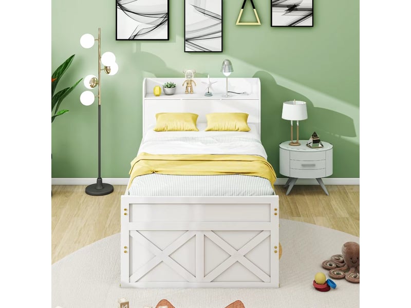 Lit gigogne 190×90 cm avec 2 tiroirs, chevet de rangement et port usb, avec sommier, sans matelas, en bois massif blanc - Conforama C