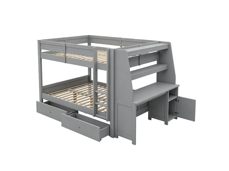 Lit superposé 2 places 140x200 cm avec bureau, armoire, étagères et 2 tiroirs - bois gris - Conforama W