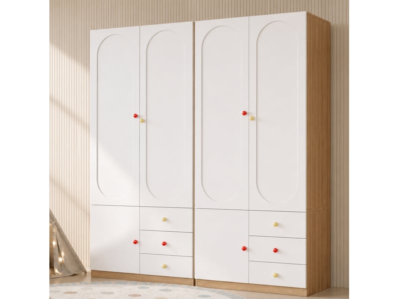  Lot de 2 armoires 4 portes 6 tiroirs 160x50x200 cm, tringles, poignées céramique, anti-basculement, mdf blanc  - Conforama D