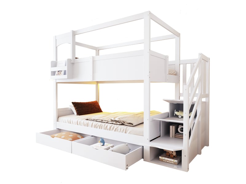 Lit superposé enfant 90x200cm - lit cabane 2 places avec tableau noir créatif, tiroirs de rangement, étagères et échelle, bois blanc evarich - Conforama A