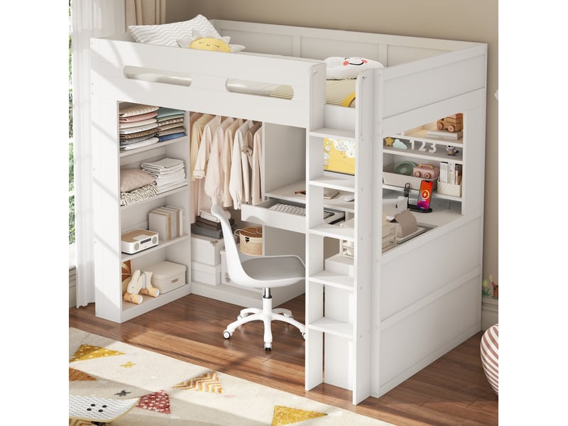  Lit mezzanine modenvie 90 x 200 cm avec bureau, armoire ouverte, 1 tiroir, étagères, led et port usb, bois et mdf blanc  - Conforama B
