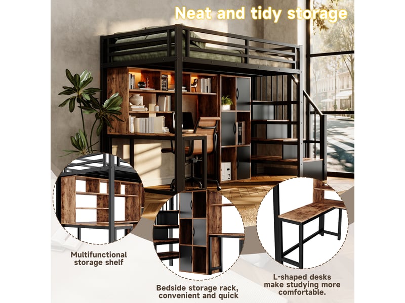 Lit mezzanine 90x200 cm en métal avec meuble-échelle, niche de rangement et led intégrée, lit gain de place - noir Morn Vibe - Conforama D