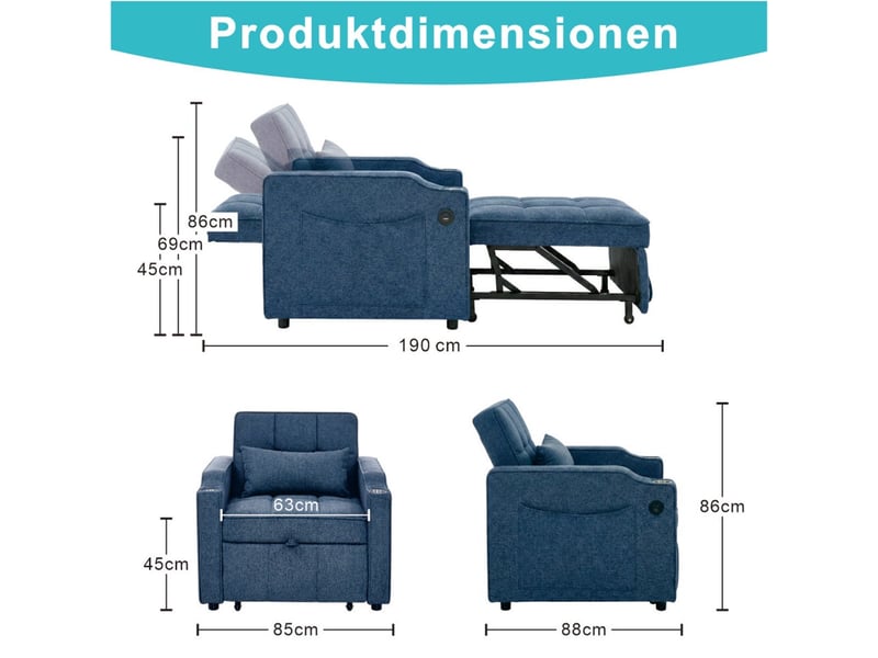  Fauteuil convertible 1 place - 190x85x86 cm - fauteuil 3-en-1 avec ports usb type-c et porte-gobelet - bleu marine  - Conforama E