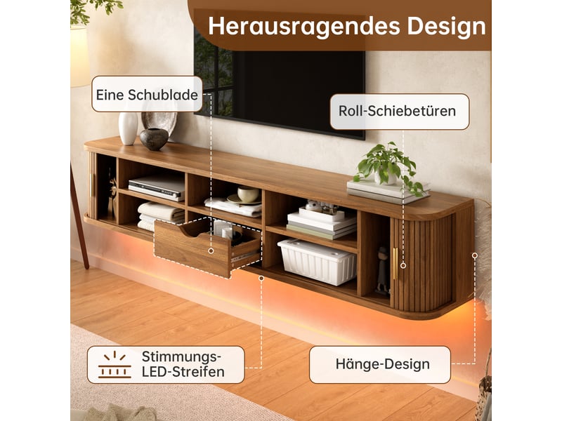  Meuble tv mural avec façade à rainures verticales led réglable par appli en bas corps en mdf pour salon  - Conforama E