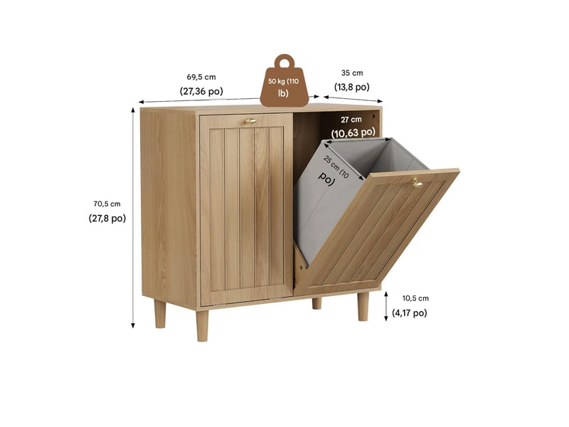  Meuble panier à linge 2 bacs amovibles en mdf coloris chêne 69.5 x 35 x 70.5 cm W3180P465393 - Conforama C