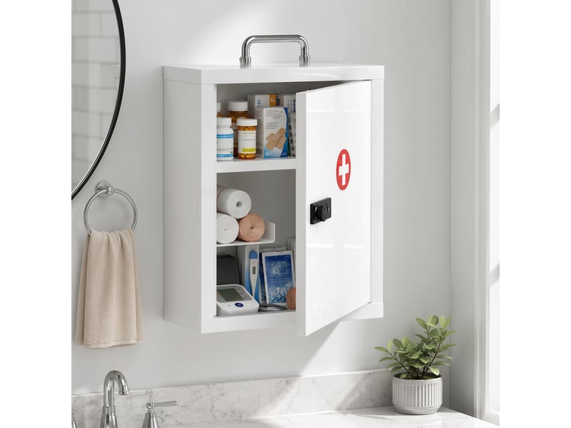  Armoire à pharmacie murale avec serrure à combinaison, 3 niveaux, armoire de premiers secours verrouillable en acier, blanche  - Conforama C