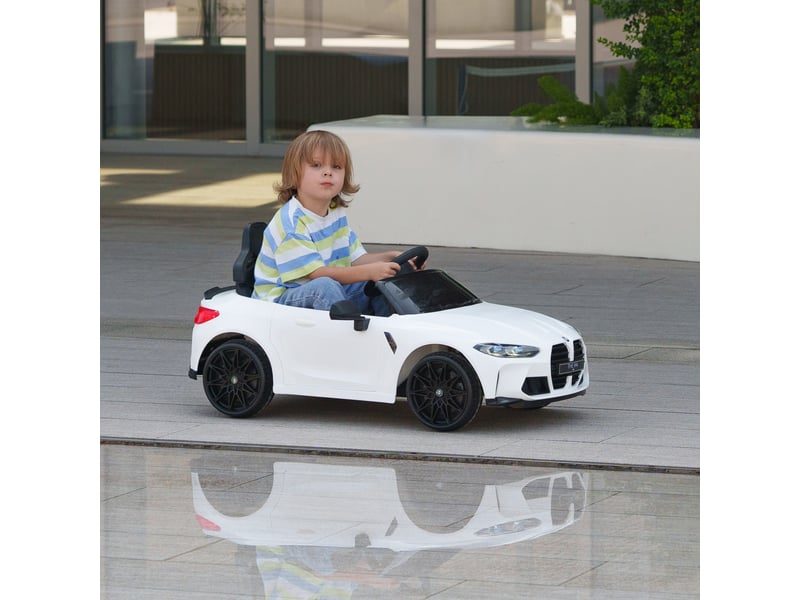  Voiture électrique bmw m4, sonslumières, 3-5 kmh, télécommande, 3-5 ans, blanche.  - Conforama C