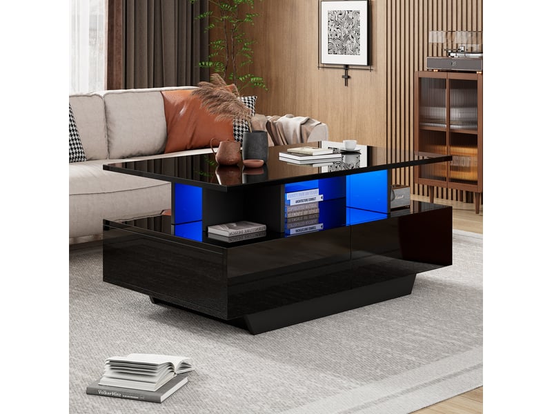  Table basse noire brillante avec led intégrée, 2 tiroirs de rangement, 90x55x41 cm, charge 30 kg  - Conforama B