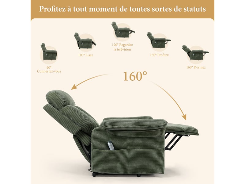 Fauteuil relax en velours côtelé avec releveur électrique, télécommande, poche latérale, réglable 90 à 160°, vert  - Conforama R