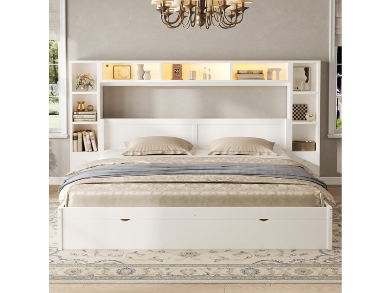  Lit adulte 180x200 cm avec rangement et éclairage led, lit 2 places avec 7 tiroirs, blanc, sans matelas  - Conforama B