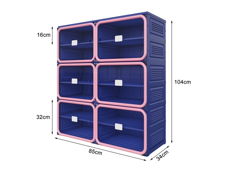  Meuble à chaussures 85x33.5x104.3cm - étagère pliable 2 colonnes 6 niveaux - meuble de rangement en plastique - bleu et rose  - Conforama E