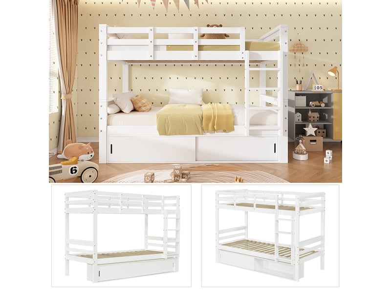  Lit superposé 90x200 cm - grand rangement - avec échelle - barrière de sécurité - bois massif - structure fonctionnelle - pour chambre enfant - blanc CozyNest - Conforama E