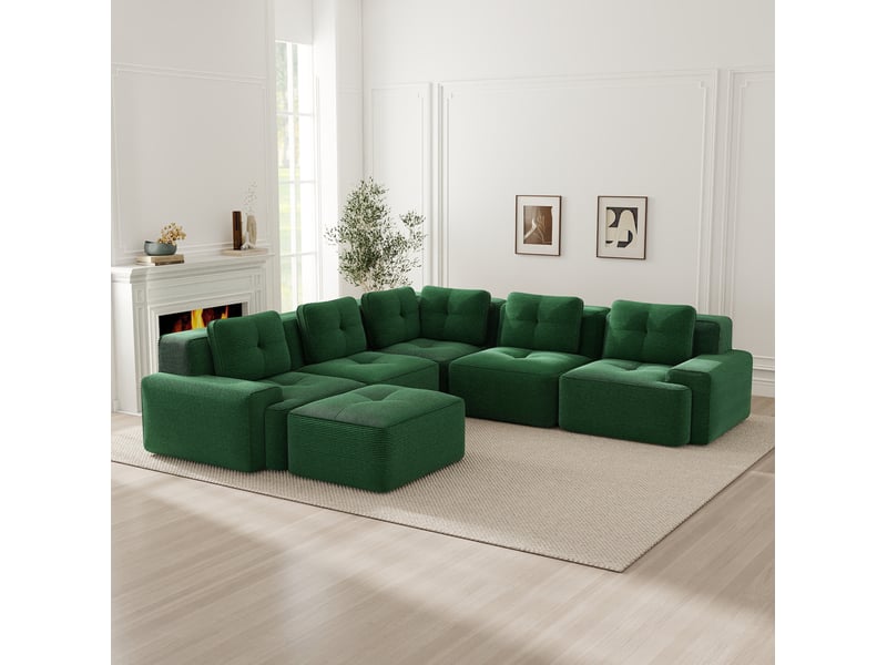  Canapé d’angle modulaire 5 places en velours côtelé vert 295x295 cm  - Conforama D
