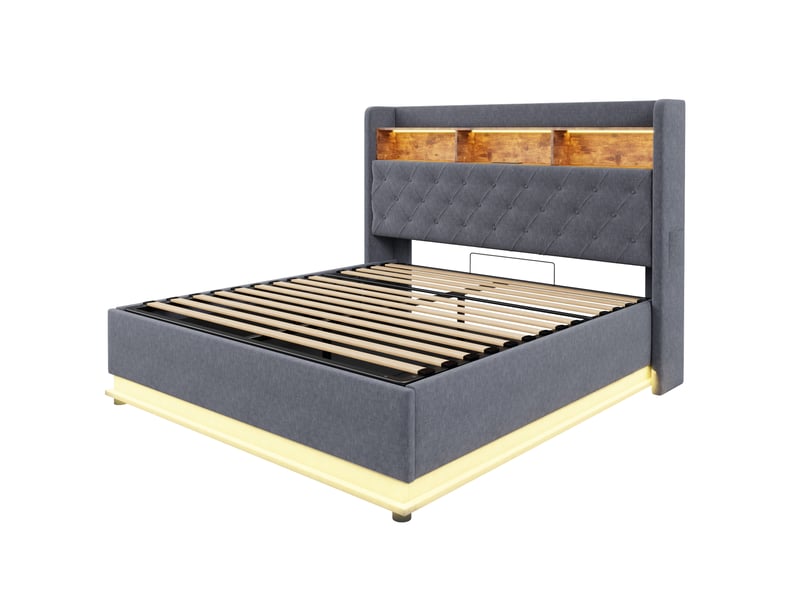  Lit coffre gris 160x200 cm – led, usb, sommier hydraulique et tête capitonnée  - Conforama A